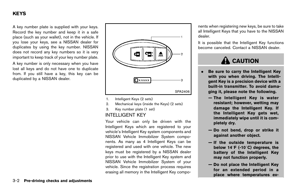 Keys -2, Intelligent key -2, Caution | NISSAN 2012 370Z Roadster - Owner's Manual User Manual | Page 118 / 427