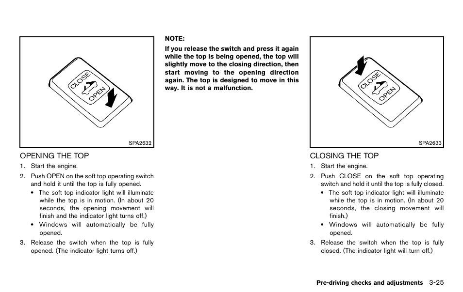 Opening the top -25 closing the top -25 | NISSAN 2012 370Z Roadster - Owner's Manual User Manual | Page 141 / 427