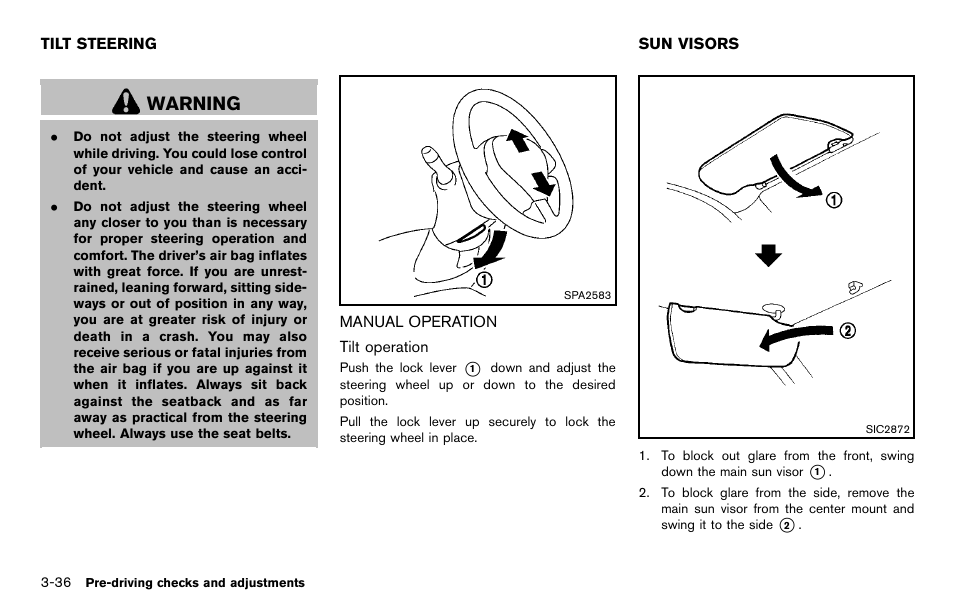 Tilt steering -36, Manual operation -36, Sun visors -36 | Warning | NISSAN 2012 370Z Roadster - Owner's Manual User Manual | Page 152 / 427