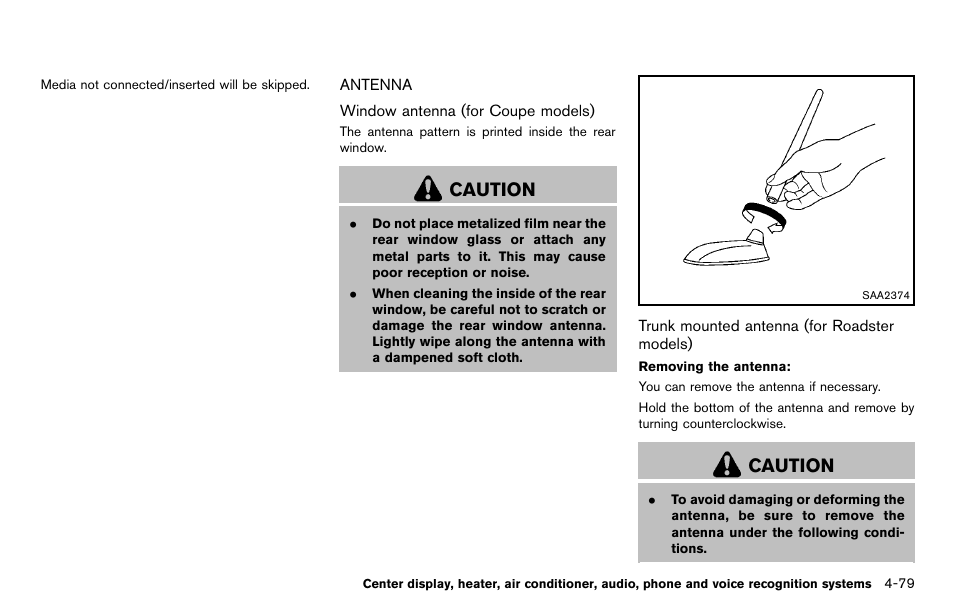 Antenna -79, Caution | NISSAN 2012 370Z Roadster - Owner's Manual User Manual | Page 235 / 427