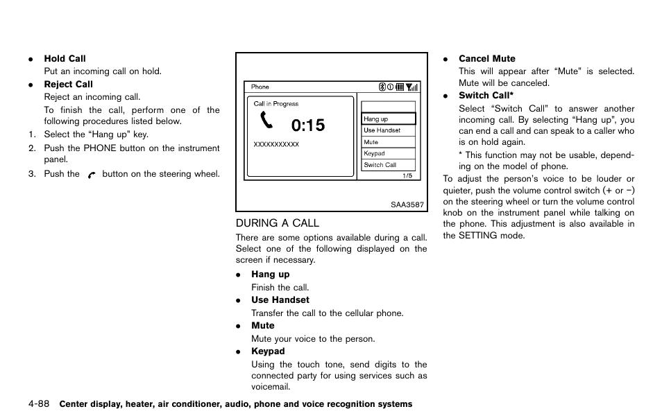 During a call -88 | NISSAN 2012 370Z Roadster - Owner's Manual User Manual | Page 244 / 427