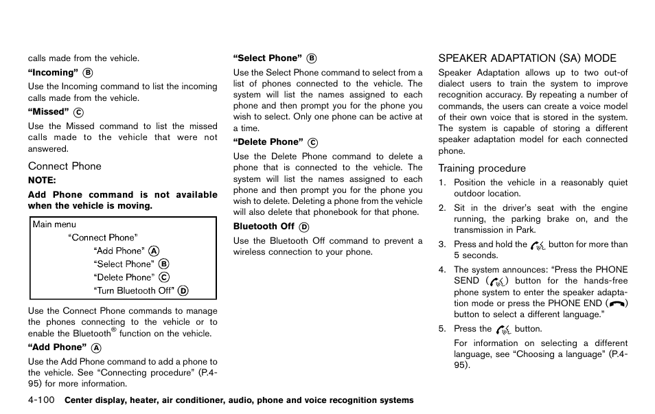 Speaker adaptation (sa) mode -100 | NISSAN 2012 370Z Roadster - Owner's Manual User Manual | Page 256 / 427