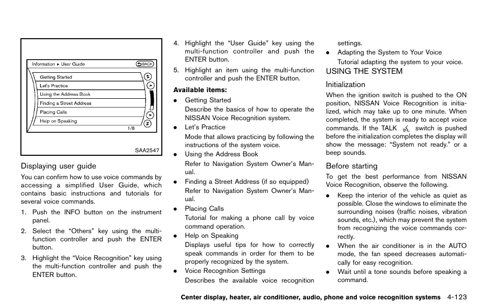 Using the system -123 | NISSAN 2012 370Z Roadster - Owner's Manual User Manual | Page 279 / 427