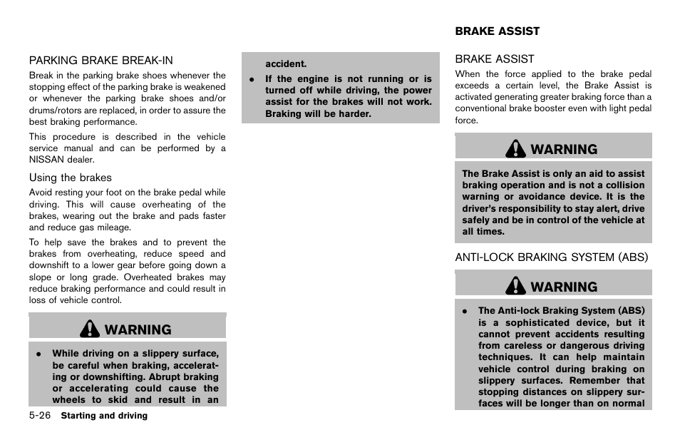 Parking brake break-in -26, Brake assist -26, Warning | NISSAN 2012 370Z Roadster - Owner's Manual User Manual | Page 310 / 427