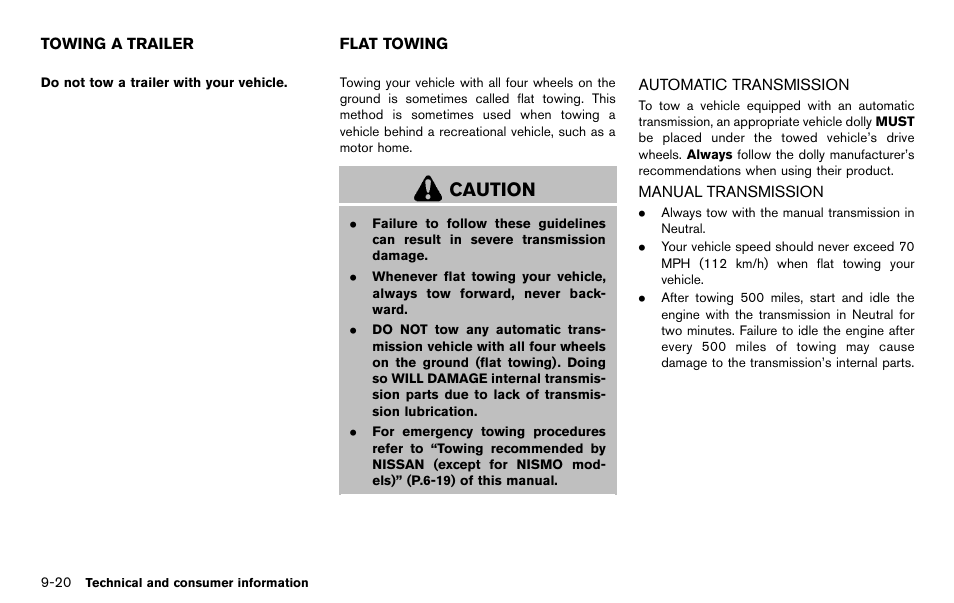 Towing a trailer -20 flat towing -20, Automatic transmission -20 manual transmission -20, Caution | NISSAN 2012 370Z Roadster - Owner's Manual User Manual | Page 414 / 427