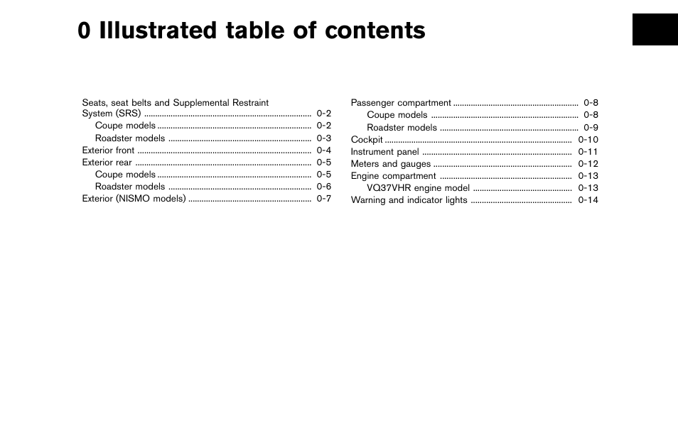 Illustrated table of contents, 0 illustrated table of contents | NISSAN 2012 370Z Roadster - Owner's Manual User Manual | Page 9 / 427