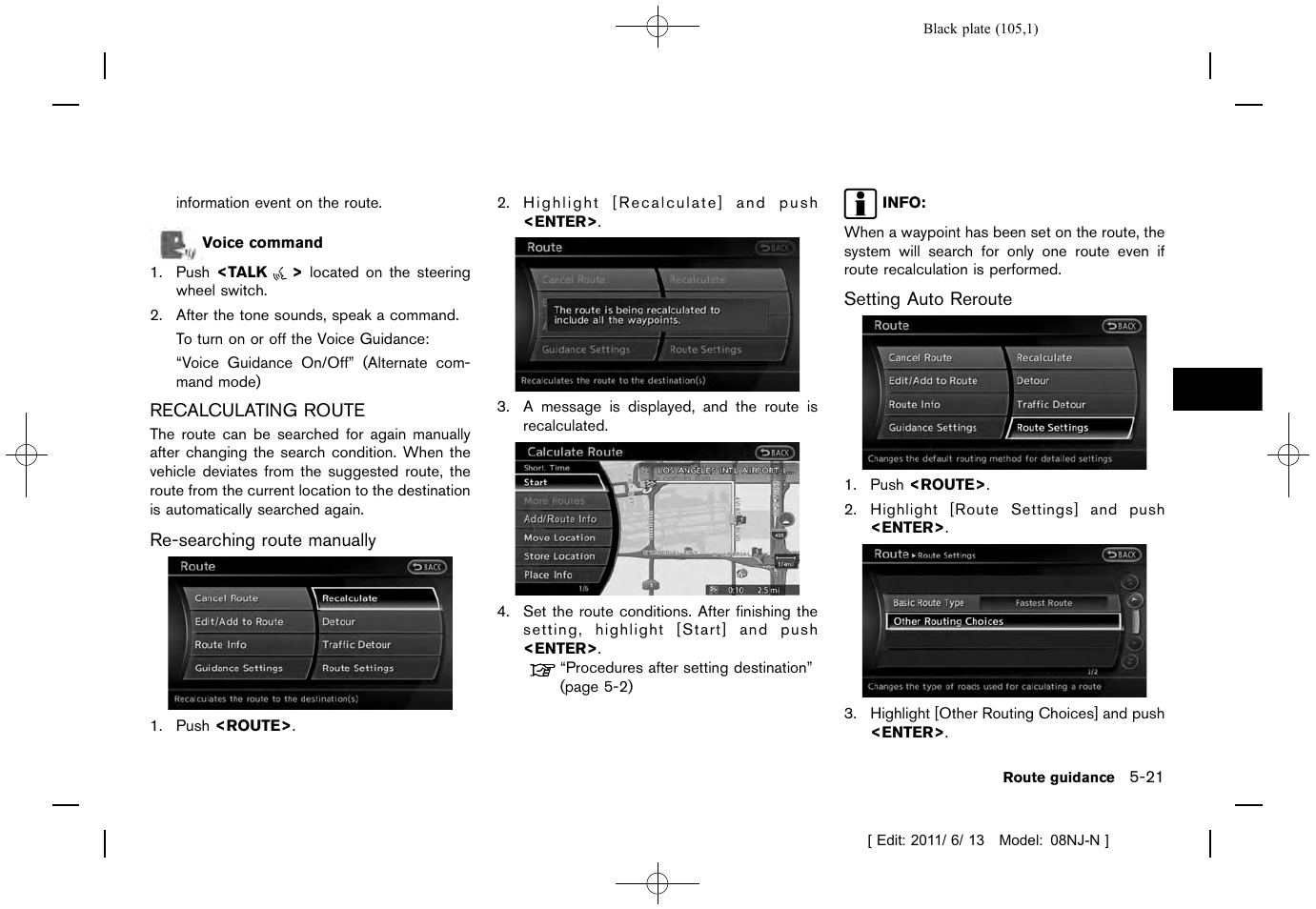 Recalculating route -21 | NISSAN 2012 Quest - Navigation System Owner's Manual User Manual | Page 104 / 242
