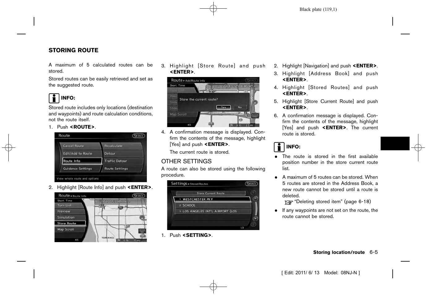Storing route -5, Other settings -5 | NISSAN 2012 Quest - Navigation System Owner's Manual User Manual | Page 118 / 242
