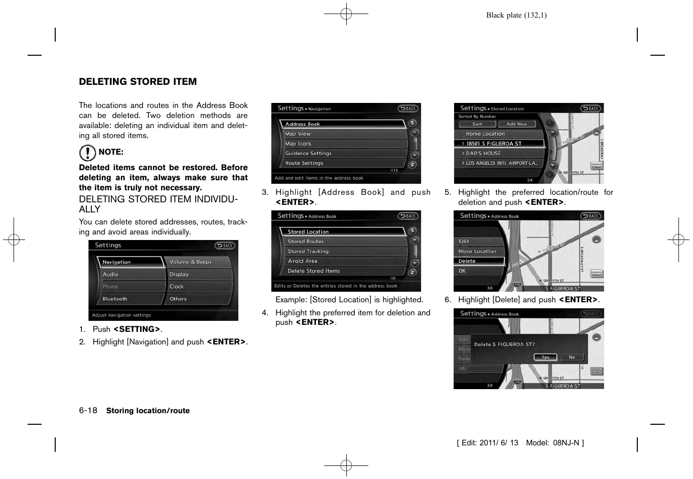 Deleting stored item -18, Deleting stored item individually -18 | NISSAN 2012 Quest - Navigation System Owner's Manual User Manual | Page 131 / 242