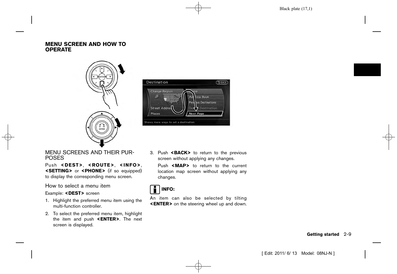 Menu screen and how to operate -9, Menu screens and their purposes -9 | NISSAN 2012 Quest - Navigation System Owner's Manual User Manual | Page 16 / 242