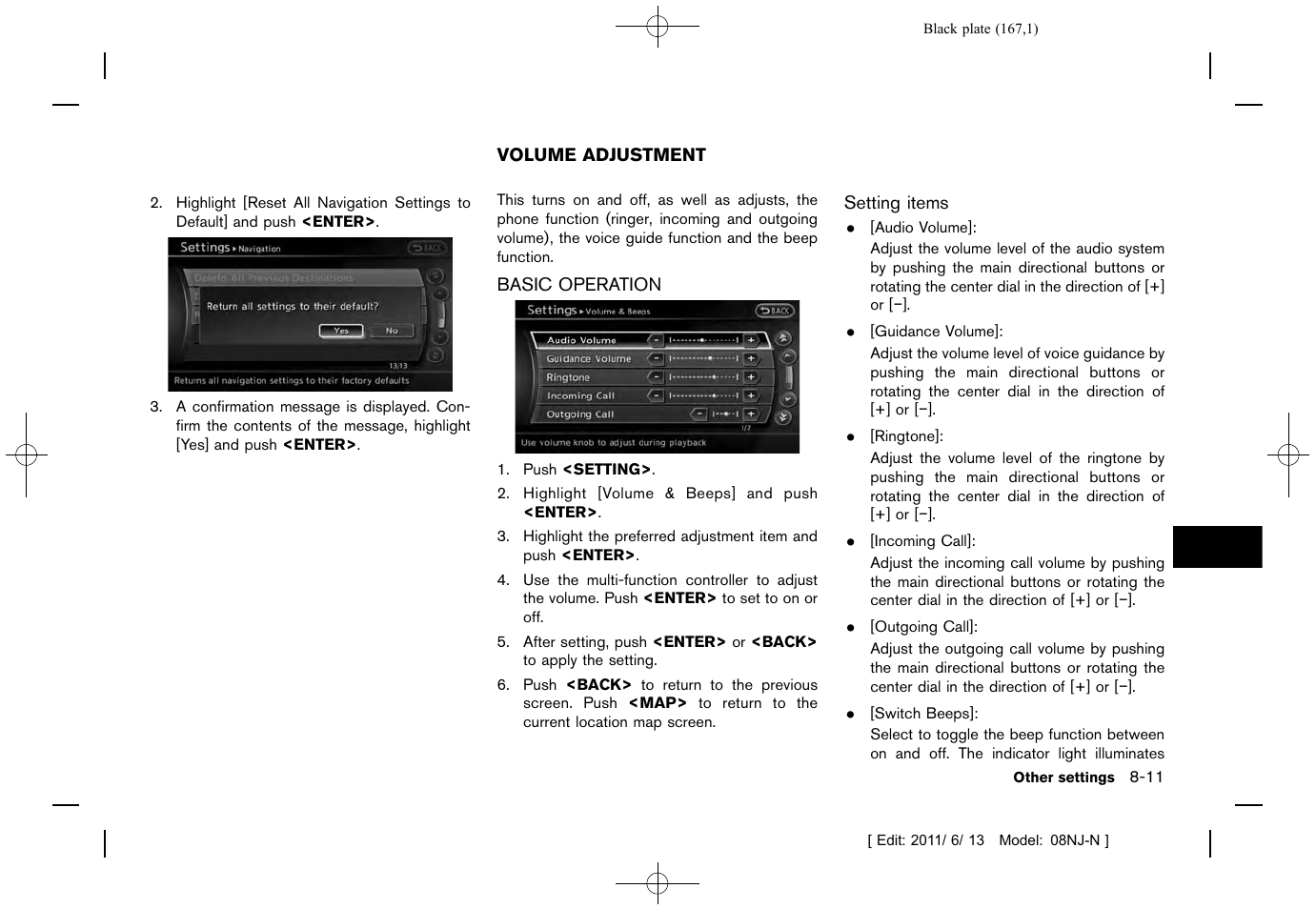 Volume adjustment -11, Basic operation -11 | NISSAN 2012 Quest - Navigation System Owner's Manual User Manual | Page 166 / 242