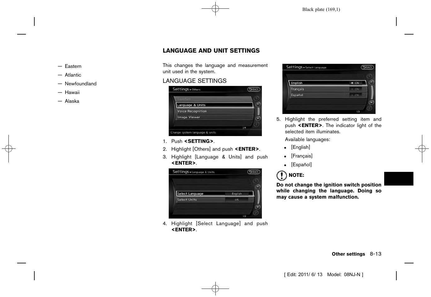 Language and unit settings -13, Language settings -13 | NISSAN 2012 Quest - Navigation System Owner's Manual User Manual | Page 168 / 242