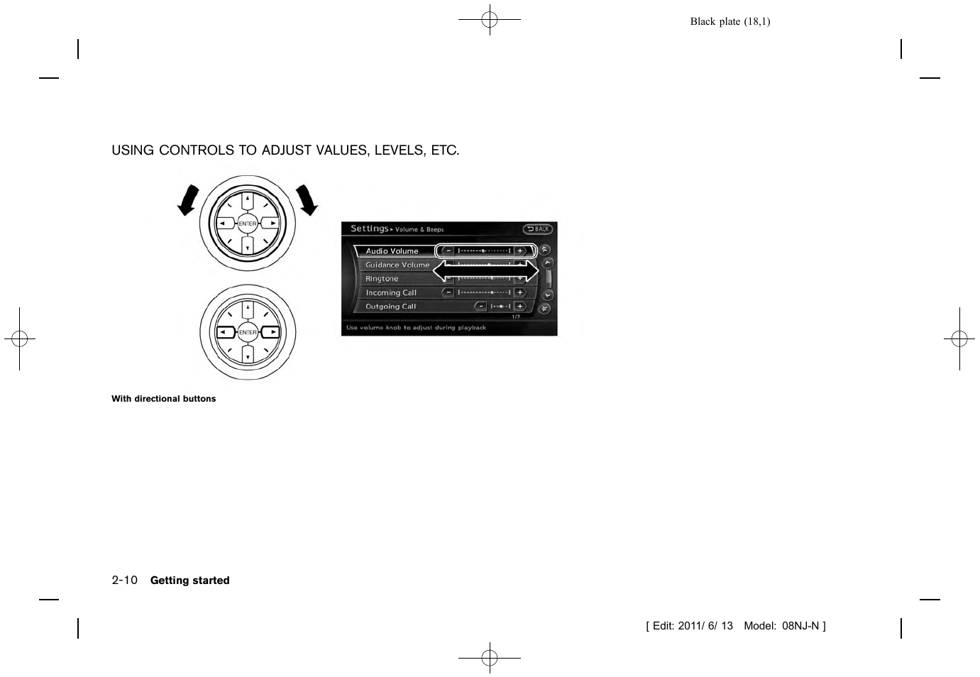 Using controls to adjust values, levels, etc -10 | NISSAN 2012 Quest - Navigation System Owner's Manual User Manual | Page 17 / 242