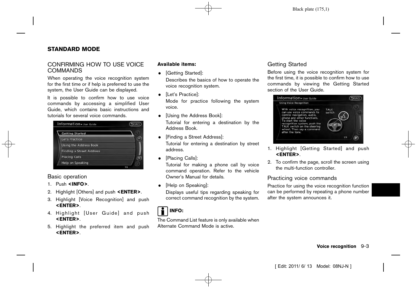 Standard mode -3, Confirming how to use voice commands -3 | NISSAN 2012 Quest - Navigation System Owner's Manual User Manual | Page 174 / 242