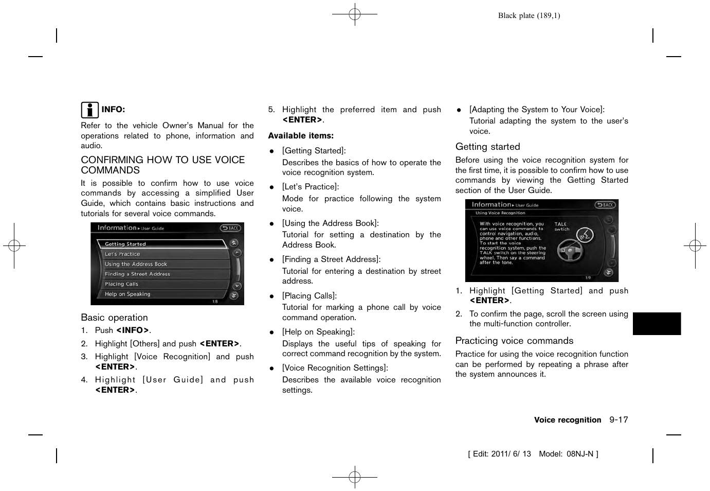 Confirming how to use voice commands -17 | NISSAN 2012 Quest - Navigation System Owner's Manual User Manual | Page 188 / 242