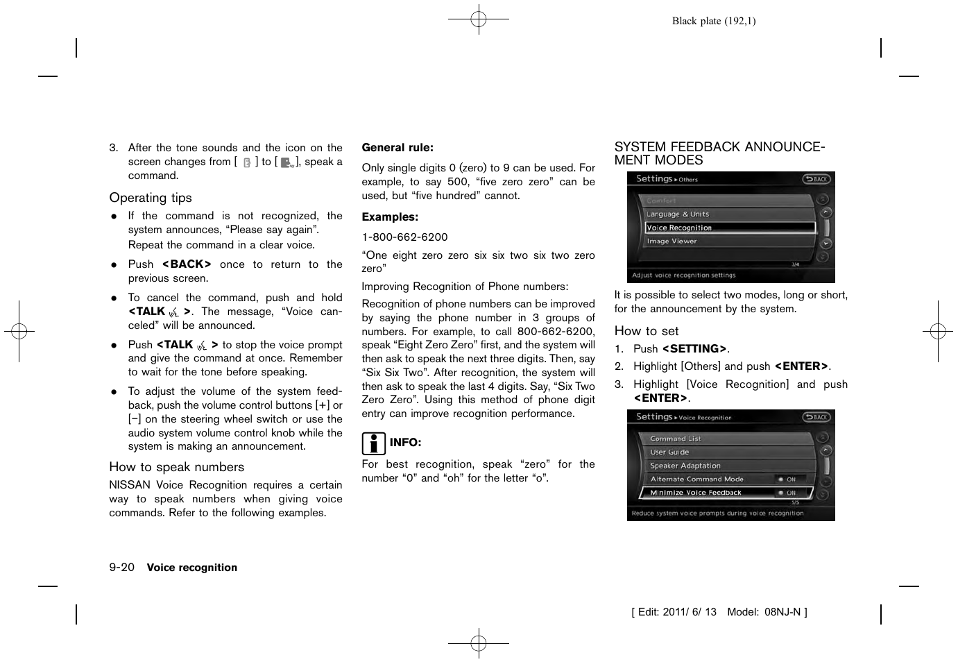 System feedback announcement modes -20 | NISSAN 2012 Quest - Navigation System Owner's Manual User Manual | Page 191 / 242