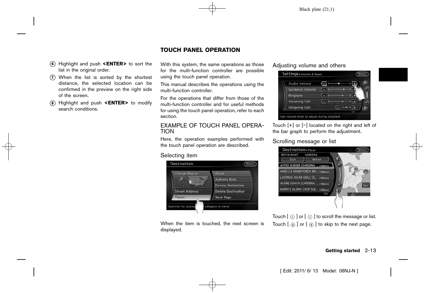 Touch panel operation -13, Example of touch panel operation -13 | NISSAN 2012 Quest - Navigation System Owner's Manual User Manual | Page 20 / 242