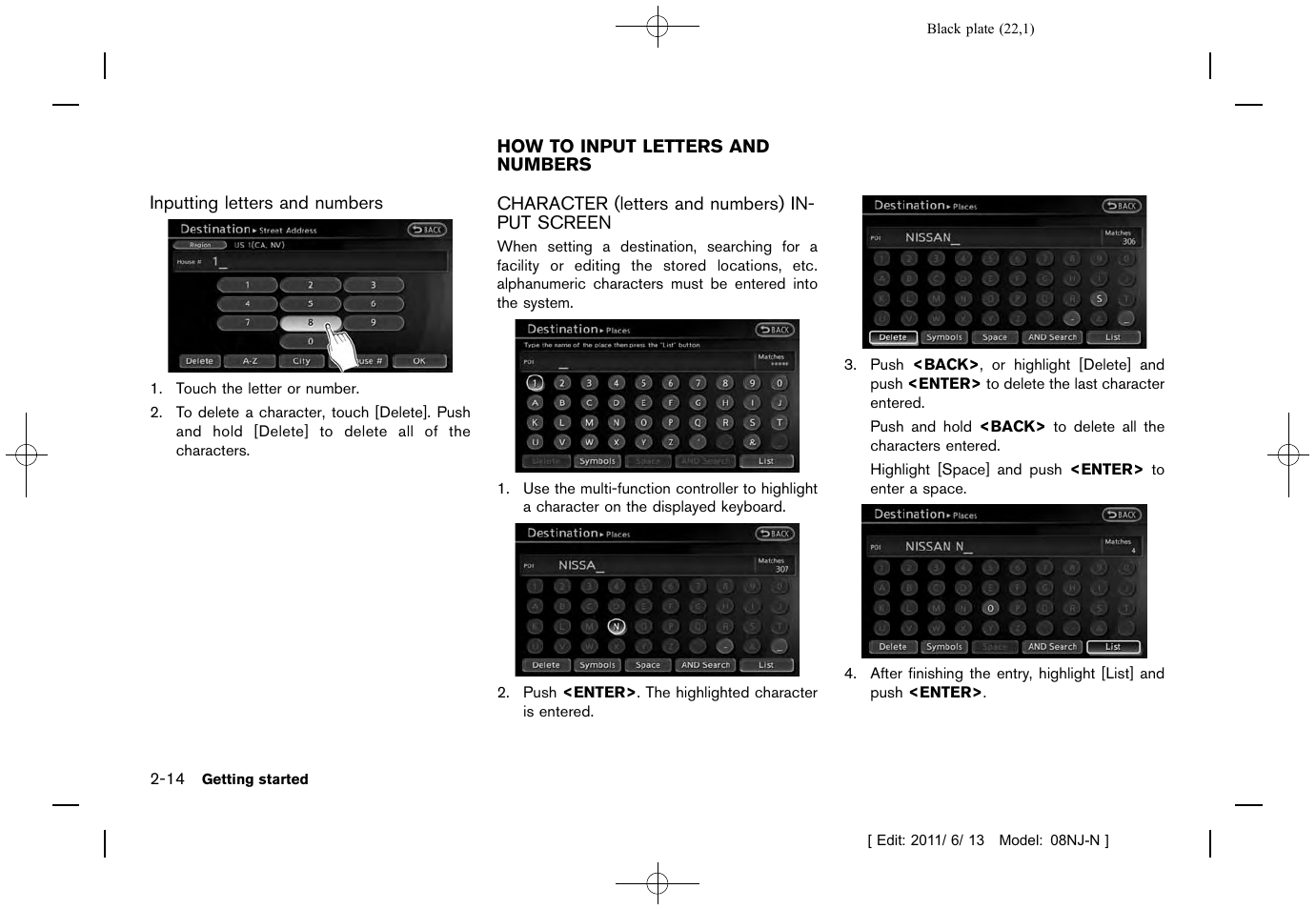 How to input letters and numbers -14, Character (letters and numbers) input screen -14 | NISSAN 2012 Quest - Navigation System Owner's Manual User Manual | Page 21 / 242