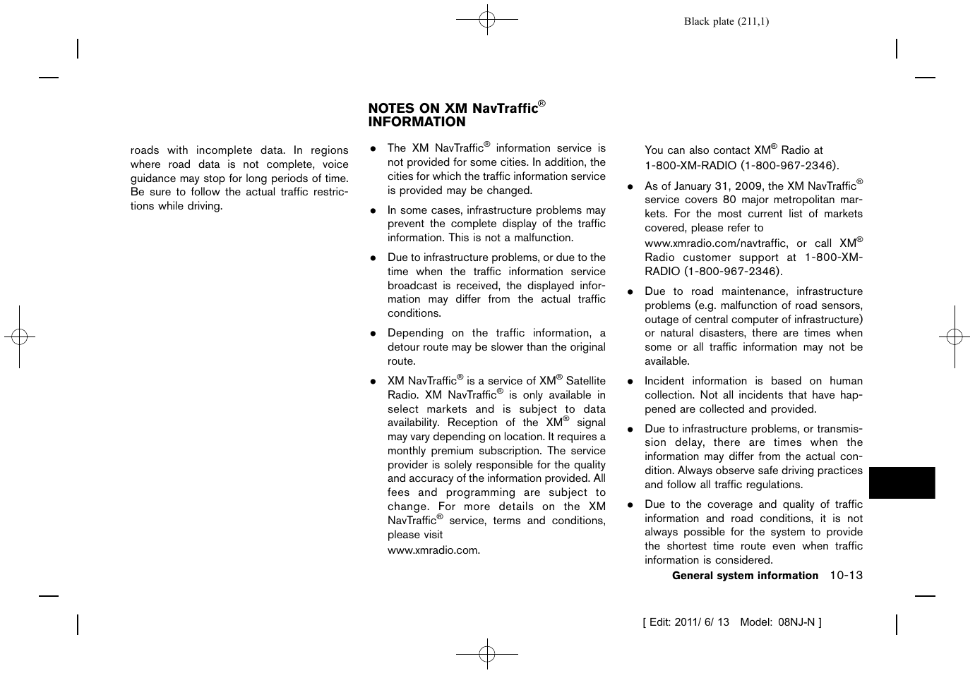 Notes on xm navtraffic, Information -13 | NISSAN 2012 Quest - Navigation System Owner's Manual User Manual | Page 210 / 242