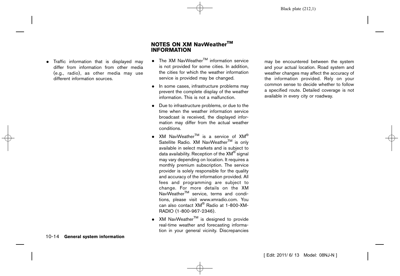Notes on xm navweather, Information -14 | NISSAN 2012 Quest - Navigation System Owner's Manual User Manual | Page 211 / 242