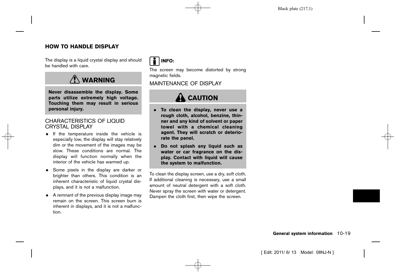 How to handle display -19, Warning, Caution | NISSAN 2012 Quest - Navigation System Owner's Manual User Manual | Page 216 / 242