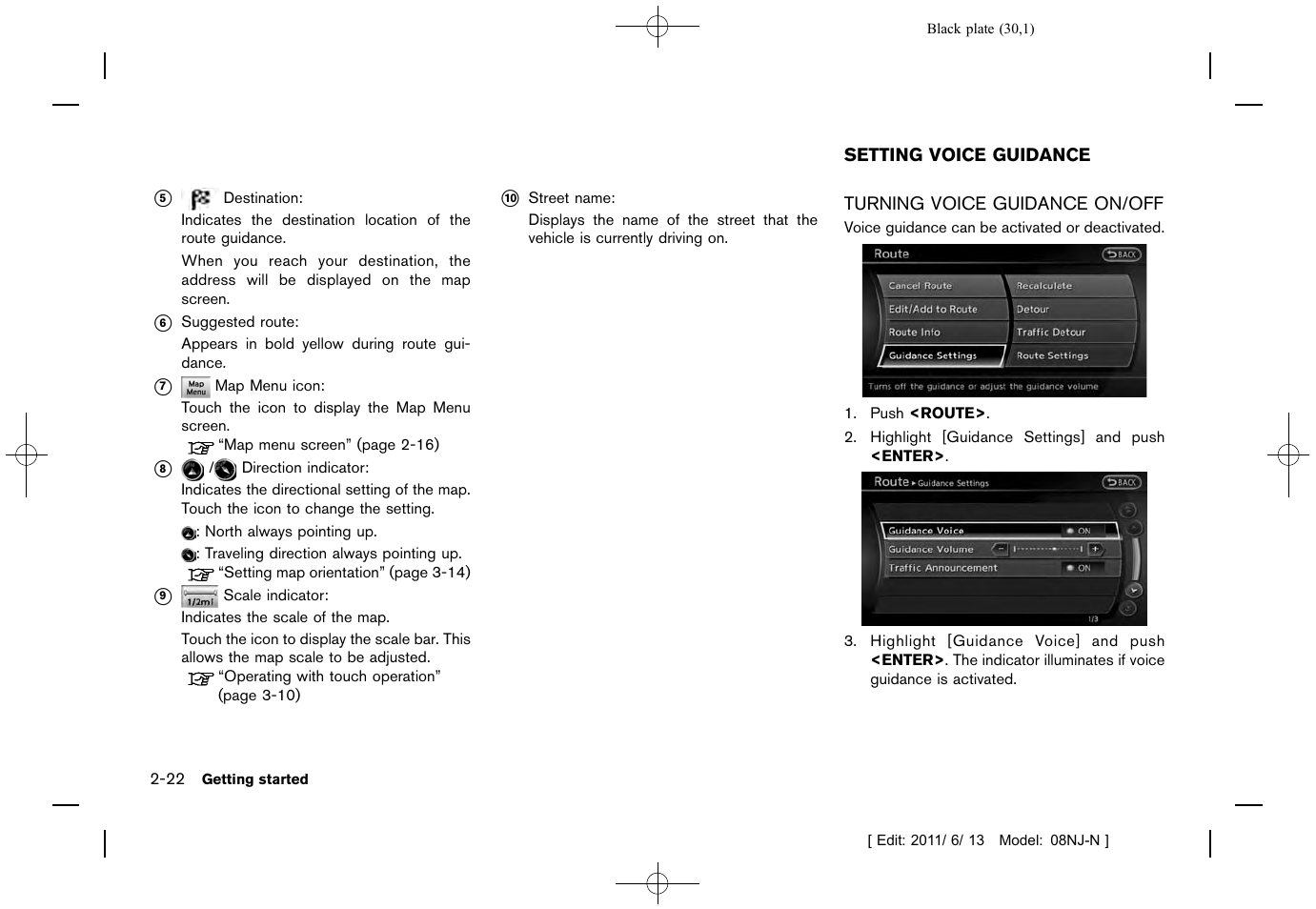 Setting voice guidance -22, Turning voice guidance on/off -22 | NISSAN 2012 Quest - Navigation System Owner's Manual User Manual | Page 29 / 242