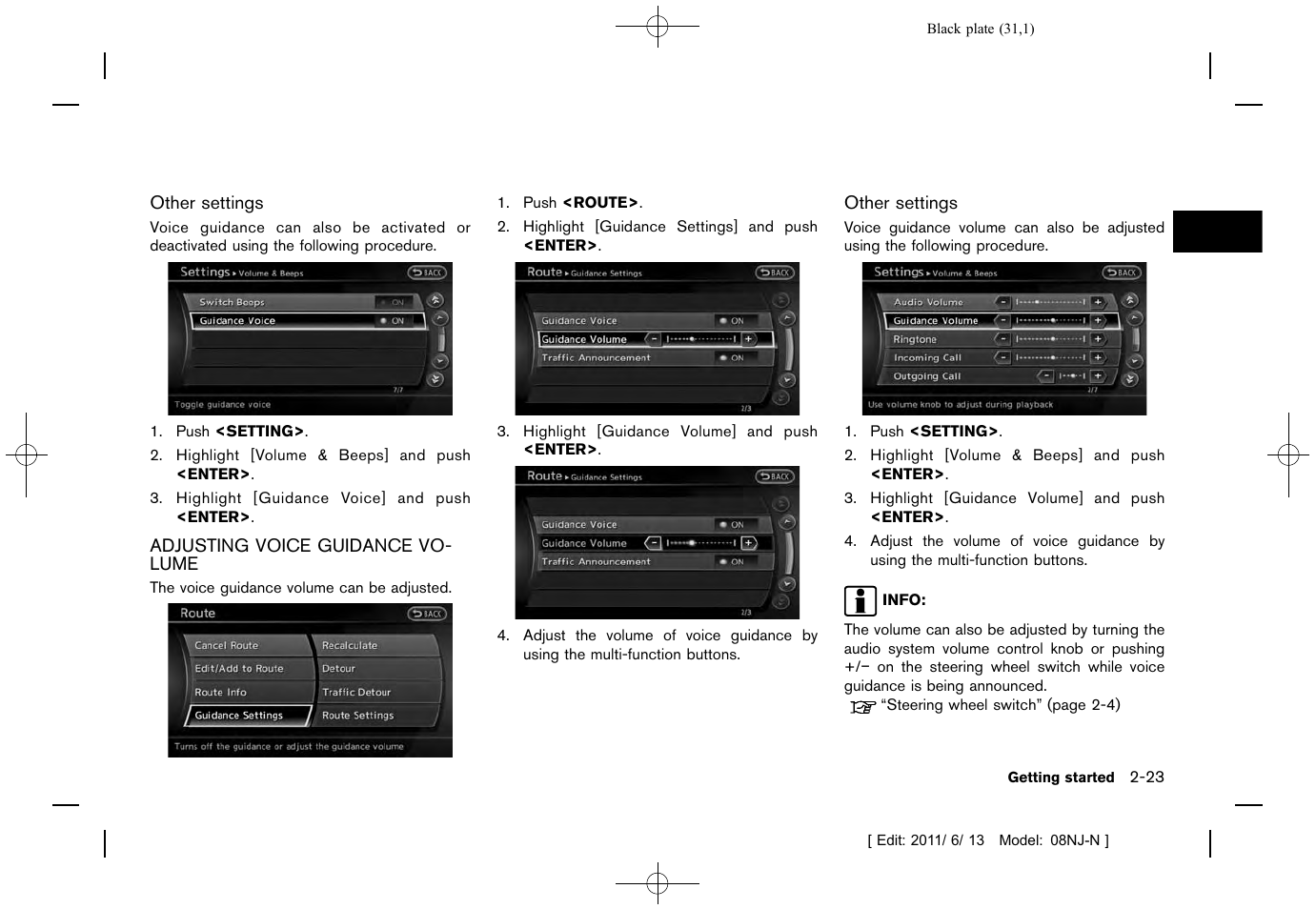 Adjusting voice guidance volume -23 | NISSAN 2012 Quest - Navigation System Owner's Manual User Manual | Page 30 / 242