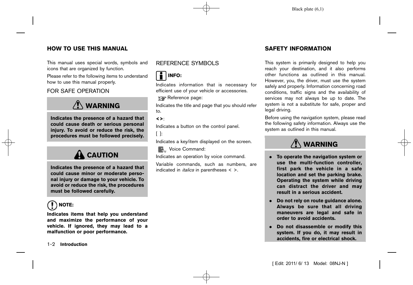 How to use this manual -2, For safe operation -2 reference symbols -2, Safety information -2 | Warning, Caution | NISSAN 2012 Quest - Navigation System Owner's Manual User Manual | Page 5 / 242