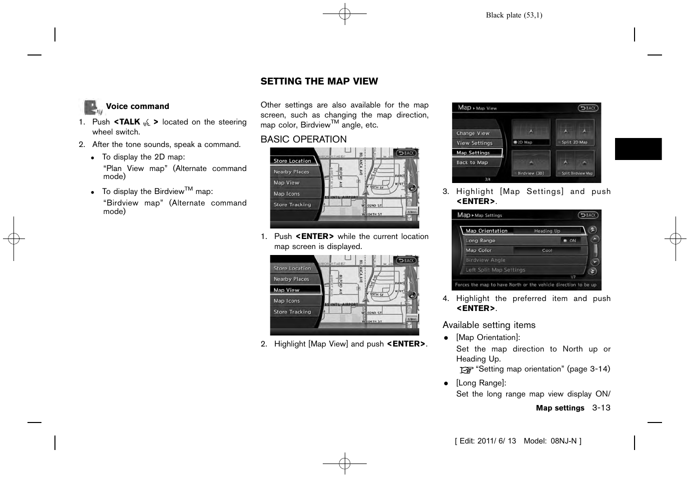 Setting the map view -13, Basic operation -13 | NISSAN 2012 Quest - Navigation System Owner's Manual User Manual | Page 52 / 242