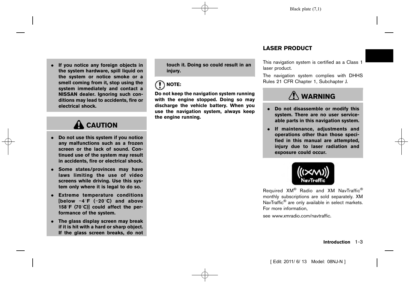 Laser product -3, Caution, Warning | NISSAN 2012 Quest - Navigation System Owner's Manual User Manual | Page 6 / 242