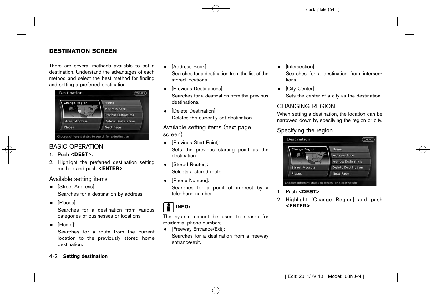 Destination screen -2, Basic operation -2 changing region -2 | NISSAN 2012 Quest - Navigation System Owner's Manual User Manual | Page 63 / 242