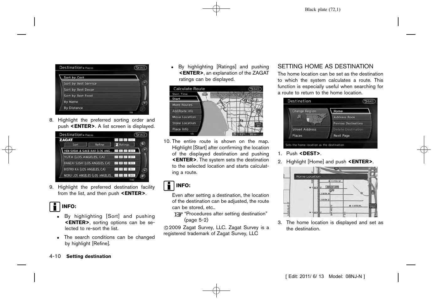 Setting home as destination -10 | NISSAN 2012 Quest - Navigation System Owner's Manual User Manual | Page 71 / 242