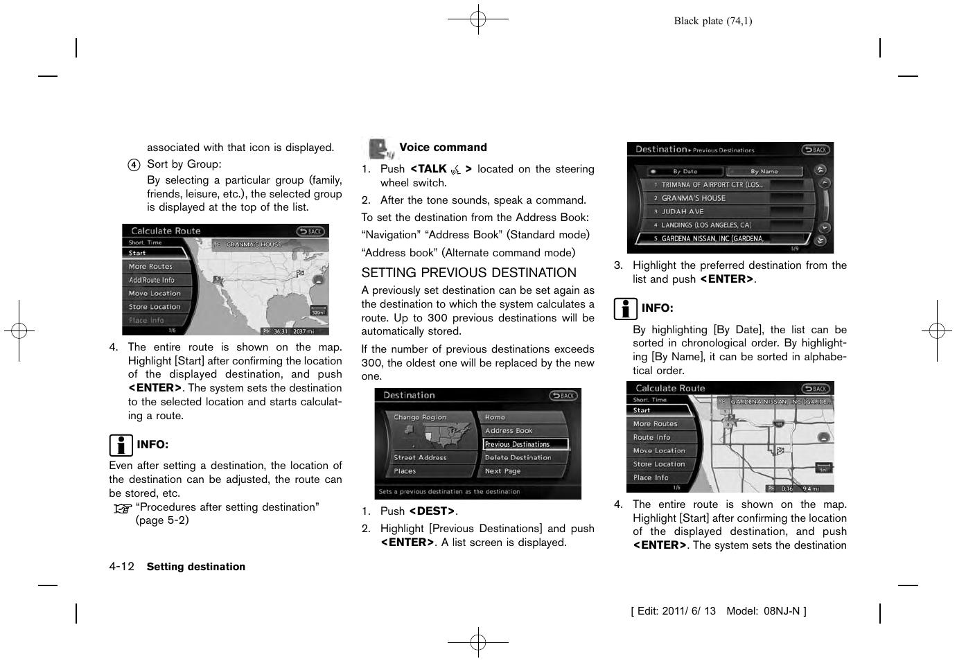 Setting previous destination -12 | NISSAN 2012 Quest - Navigation System Owner's Manual User Manual | Page 73 / 242