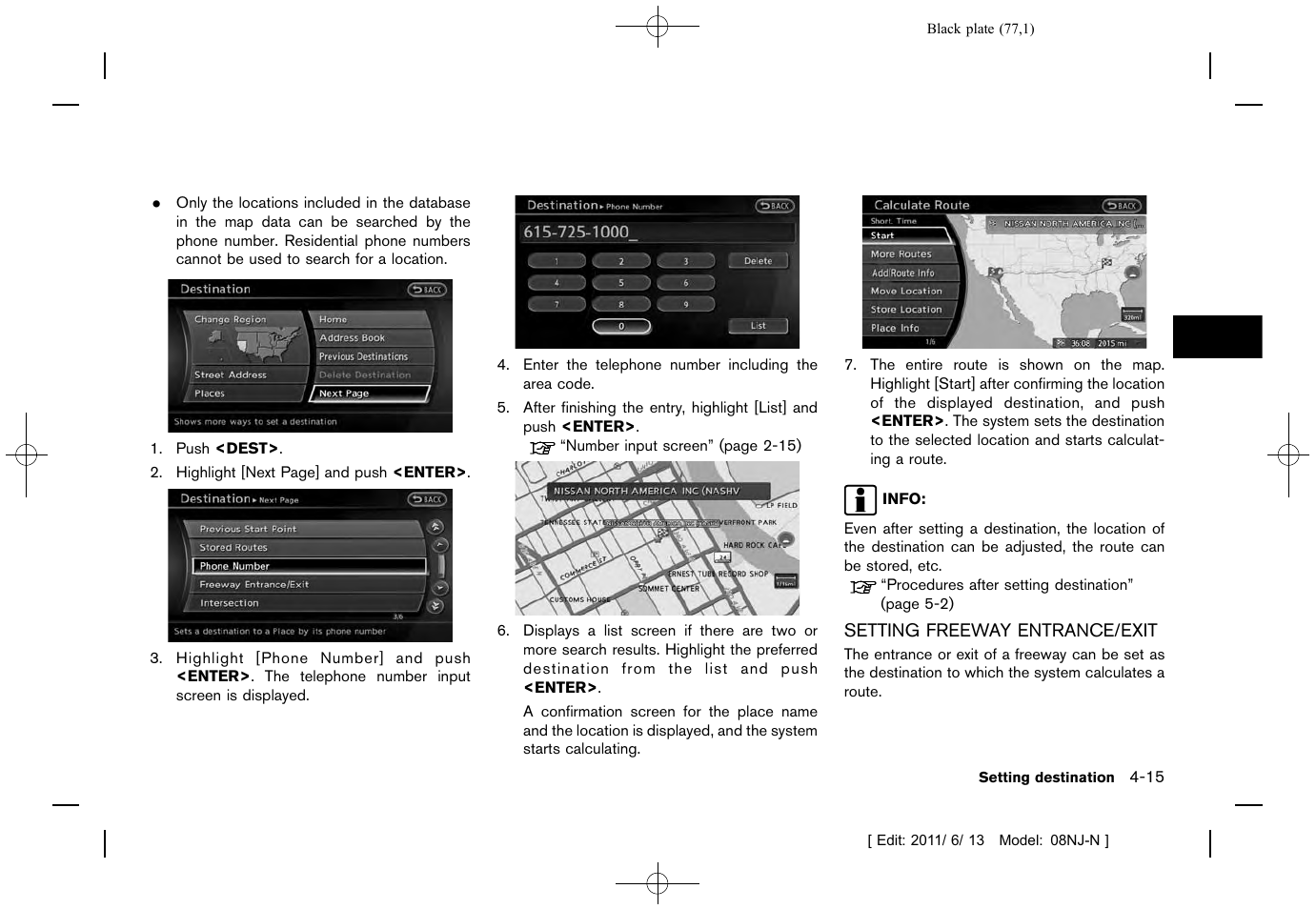 Setting freeway entrance/exit -15 | NISSAN 2012 Quest - Navigation System Owner's Manual User Manual | Page 76 / 242