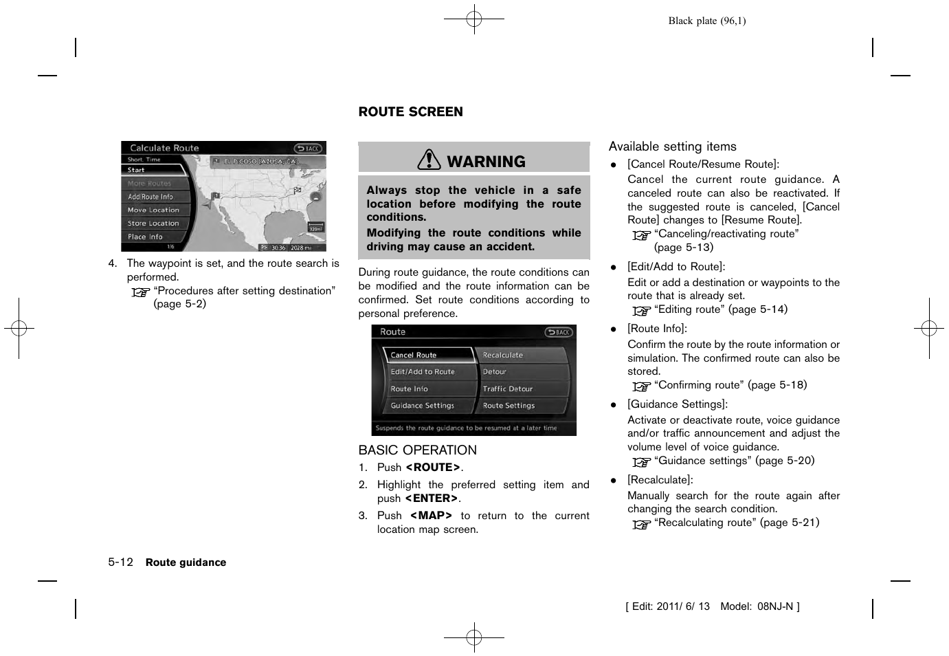 Route screen -12, Basic operation -12, Warning | NISSAN 2012 Quest - Navigation System Owner's Manual User Manual | Page 95 / 242