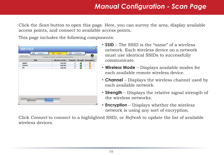 Manual configuration - scan page | Buffalo Technology WLI-U2-KG125S User Manual | Page 16 / 45