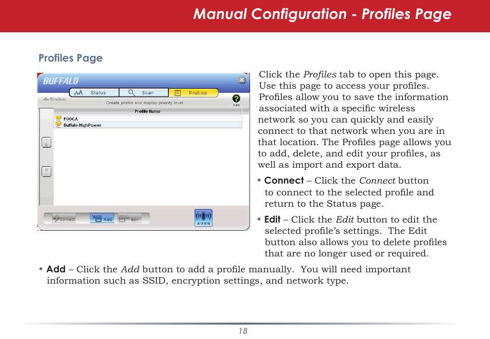 Manual configuration - profiles page | Buffalo Technology WLI-U2-KG125S User Manual | Page 18 / 45