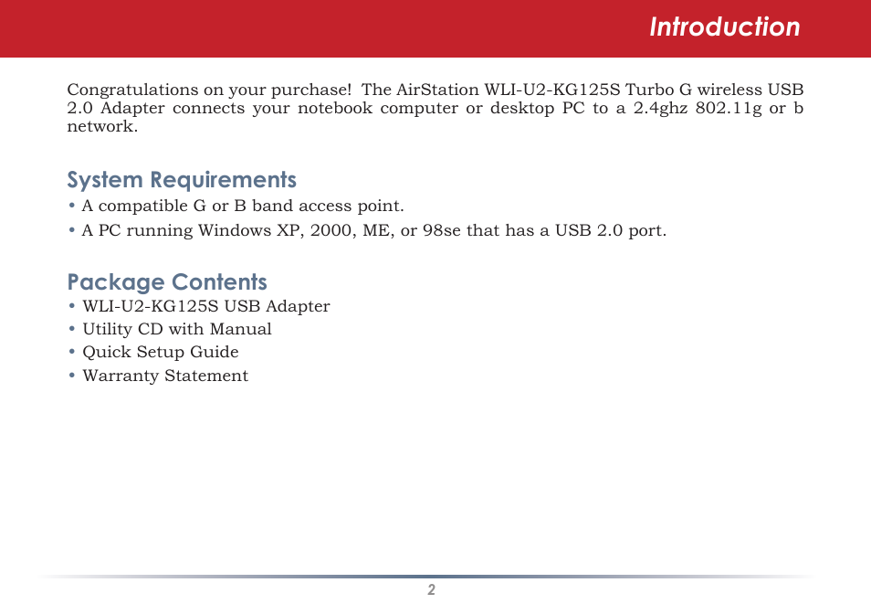 Introduction, System requirements, Package contents | Buffalo Technology WLI-U2-KG125S User Manual | Page 2 / 45