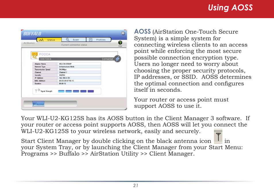 Using aoss | Buffalo Technology WLI-U2-KG125S User Manual | Page 21 / 45