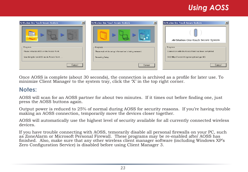 Using aoss | Buffalo Technology WLI-U2-KG125S User Manual | Page 23 / 45