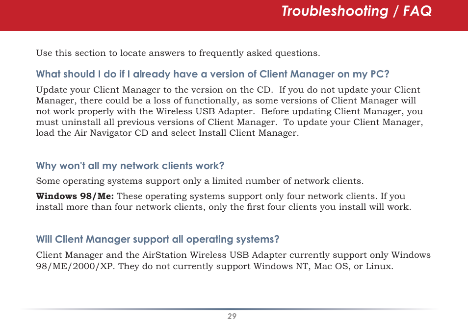 Troubleshooting / faq | Buffalo Technology WLI-U2-KG125S User Manual | Page 29 / 45