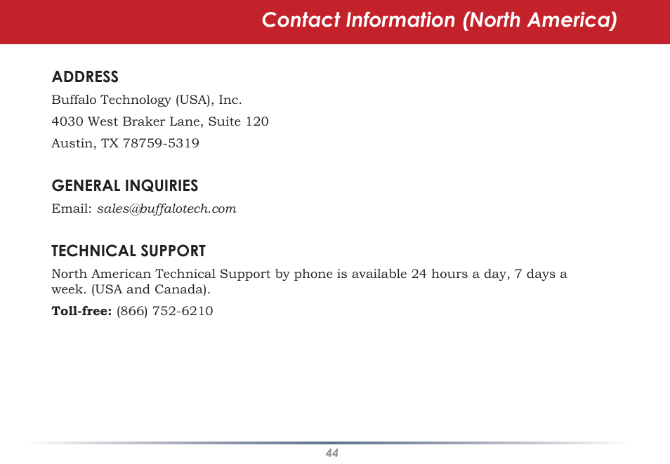 Contact information (north america) | Buffalo Technology WLI-U2-KG125S User Manual | Page 44 / 45