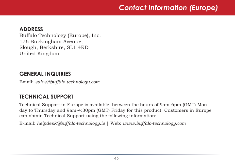 Contact information (europe) | Buffalo Technology WLI-U2-KG125S User Manual | Page 45 / 45