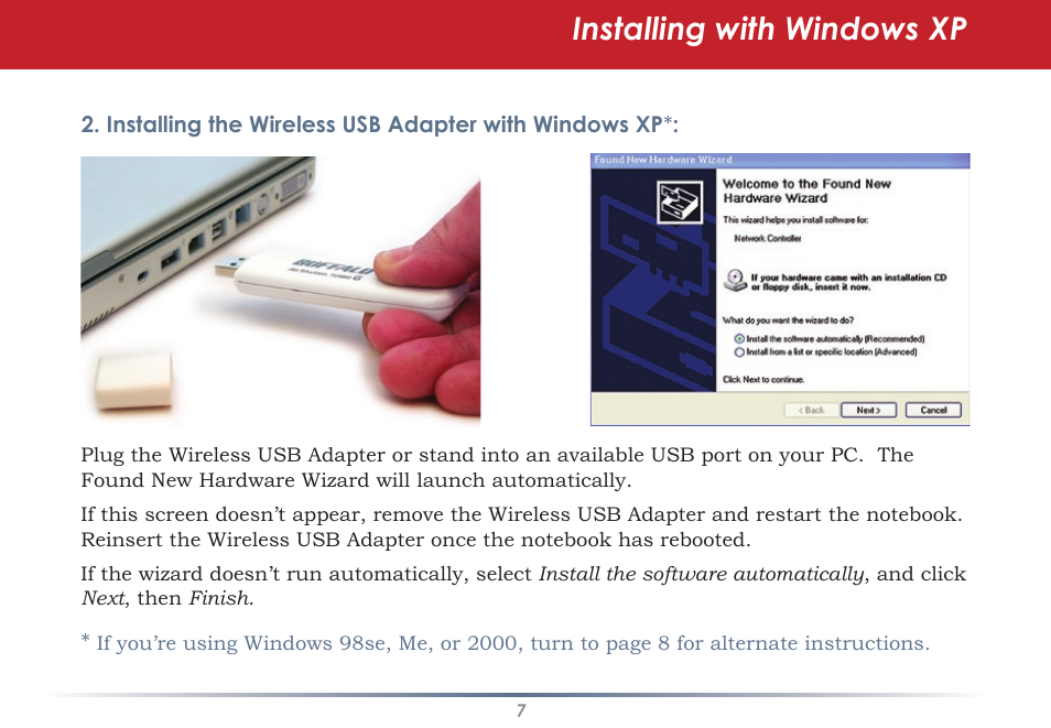 Installing with windows xp | Buffalo Technology WLI-U2-KG125S User Manual | Page 7 / 45