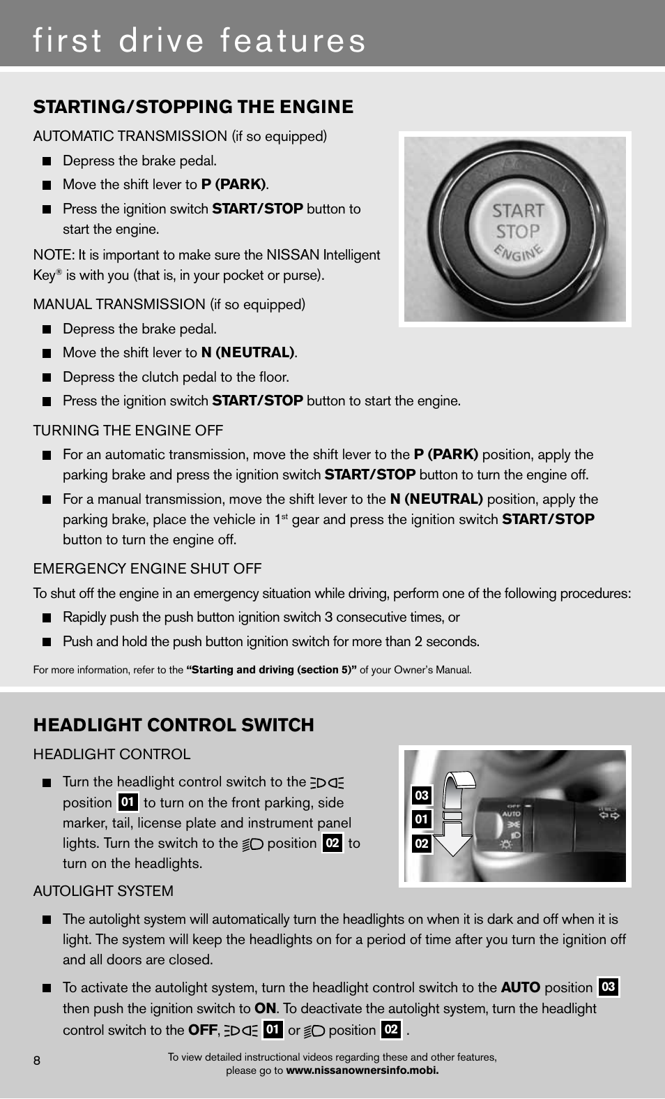 First drive features, Headlight control switch, Starting/stopping the engine | NISSAN 2012 370Z Roadster - Quick Reference Guide User Manual | Page 10 / 24