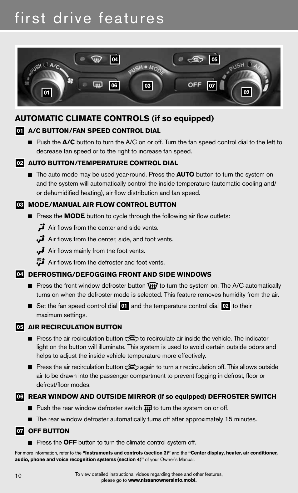 First drive features, Automatic climate controls (if so equipped) | NISSAN 2012 370Z Roadster - Quick Reference Guide User Manual | Page 12 / 24
