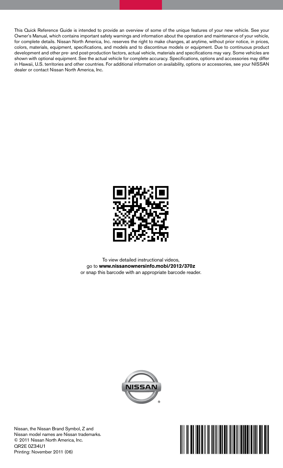 NISSAN 2012 370Z Roadster - Quick Reference Guide User Manual | Page 24 / 24