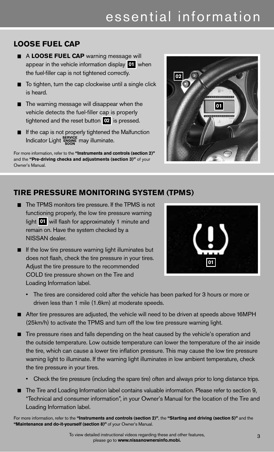 Essential information, Loose fuel cap, Tire pressure monitoring system (tpms) | NISSAN 2012 370Z Roadster - Quick Reference Guide User Manual | Page 5 / 24