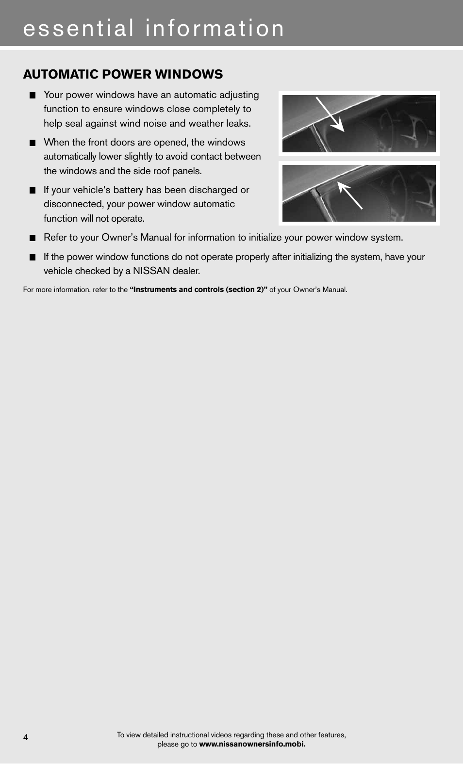 Essential information, Automatic power windows | NISSAN 2012 370Z Roadster - Quick Reference Guide User Manual | Page 6 / 24