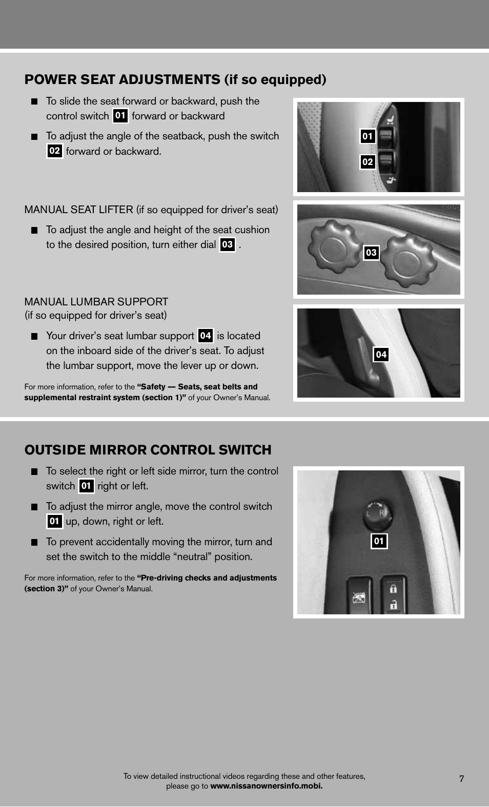 Outside mirror control switch, Power seat adjustments (if so equipped) | NISSAN 2012 370Z Roadster - Quick Reference Guide User Manual | Page 9 / 24